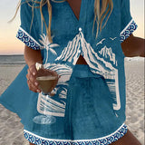 Virina | Linned Shorts Sæt med Fuji Motiv