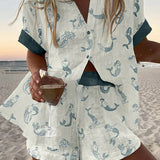 Jalira | Linned shorts sæt med havfrueprint