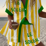 Halora | Gult stribet linned shorts sæt